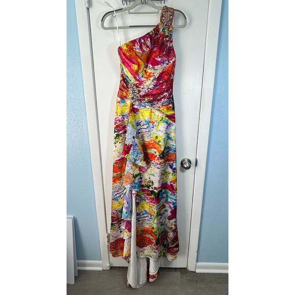 Night Moves Formal Gown Size 2 Rainbow Watercolor Rhinestone Single Shoulder - Picture 1 of 11